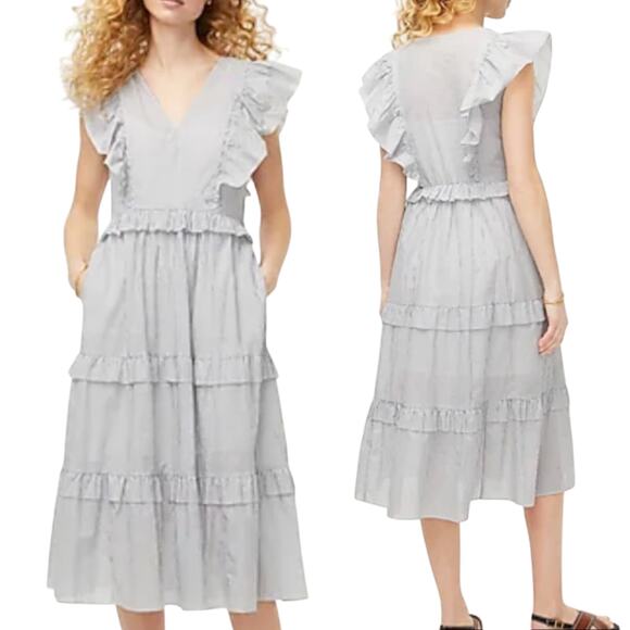 J Crew Tiered Cotton Voile Sundress Ruffled Striped Midi Dress White Gray XXL - Picture 1 of 9